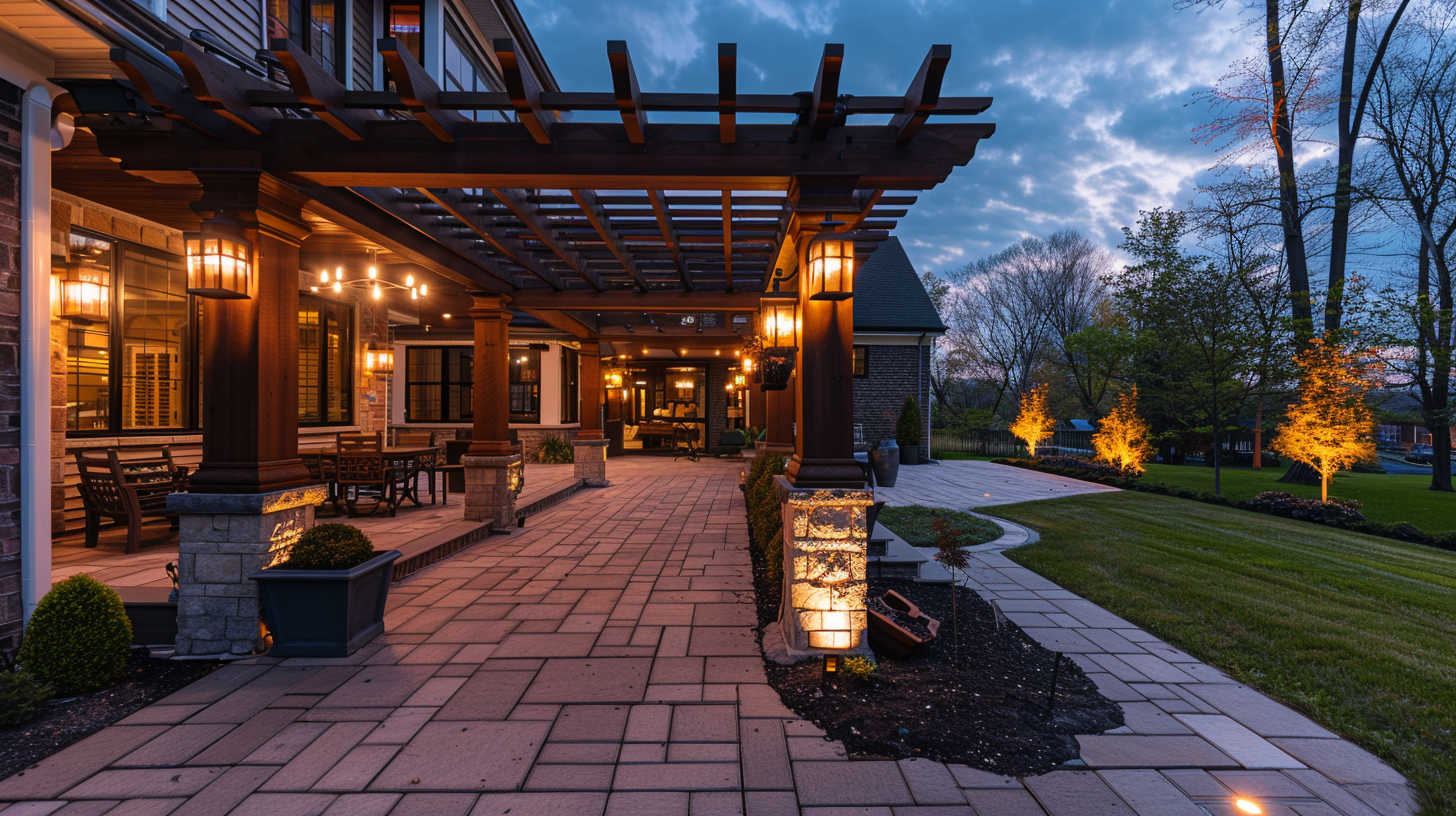 beautifully designed outdoor patio featuring bespoke lighting