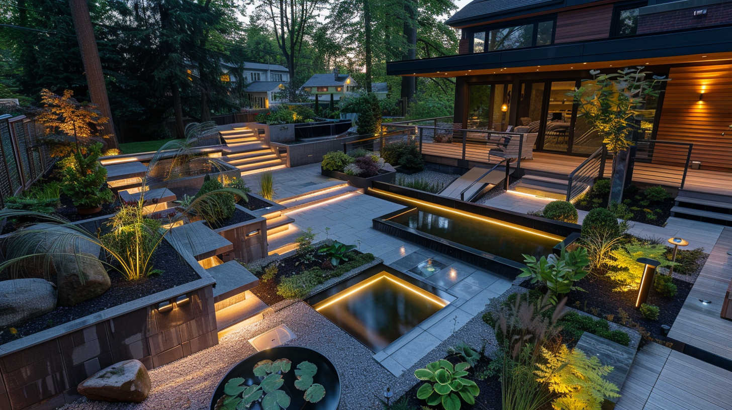 contemporary garden with unique custom outdoor lighting