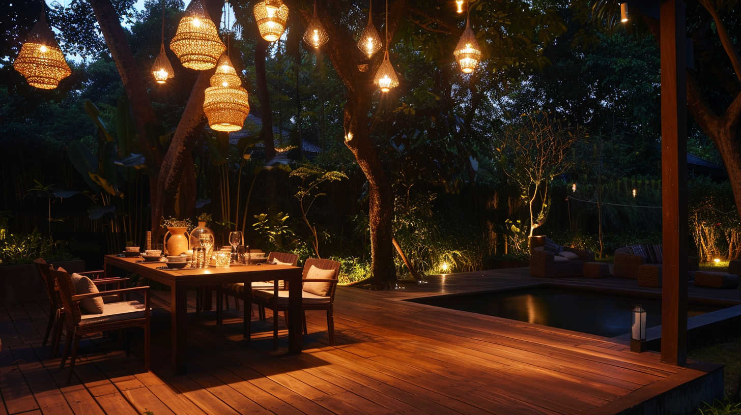 luxurious outdoor dining area illuminated by bespoke lighting