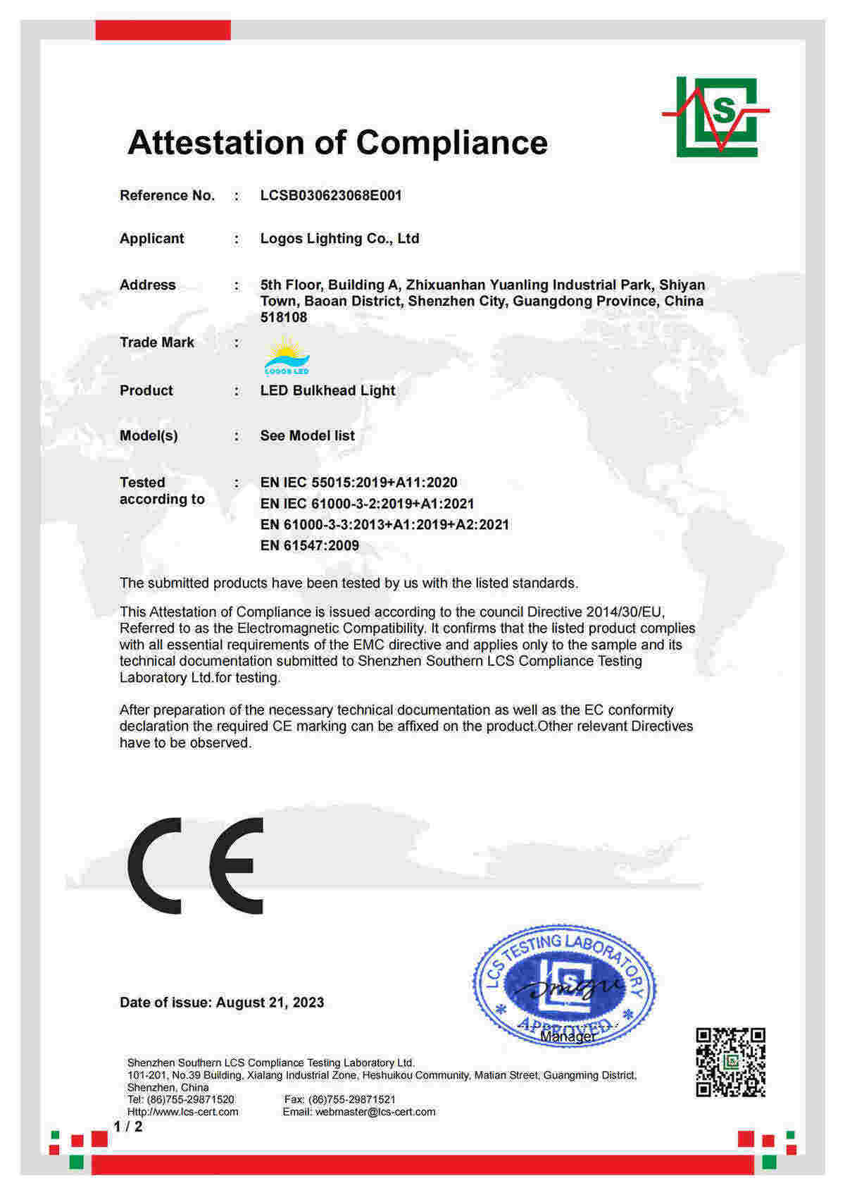 LogosLED CE-EMC Cert for LED Bulkhead Light