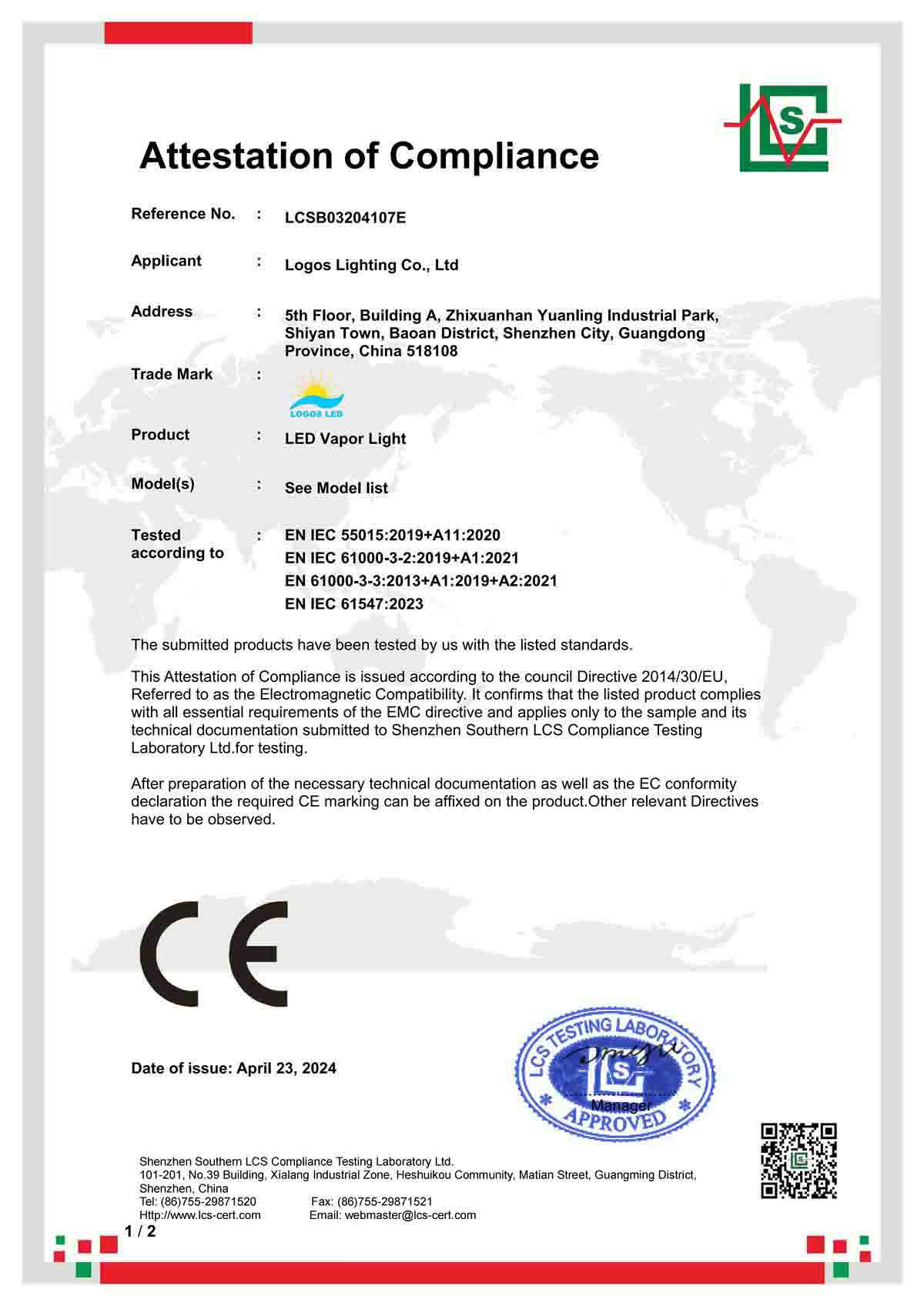 LogosLED CE-EMC Cert for LED Vapor Light