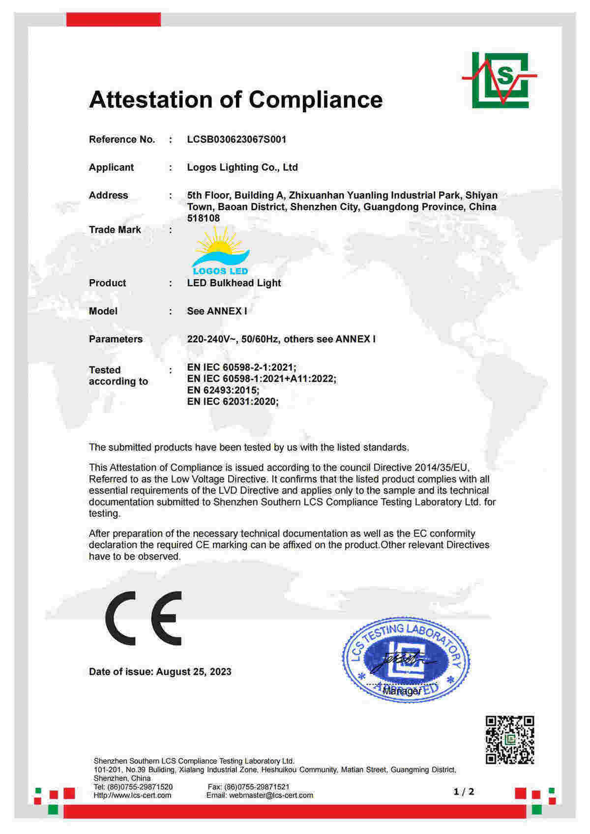 LogosLED CE-LVD Cert for LED Bulkhead Light