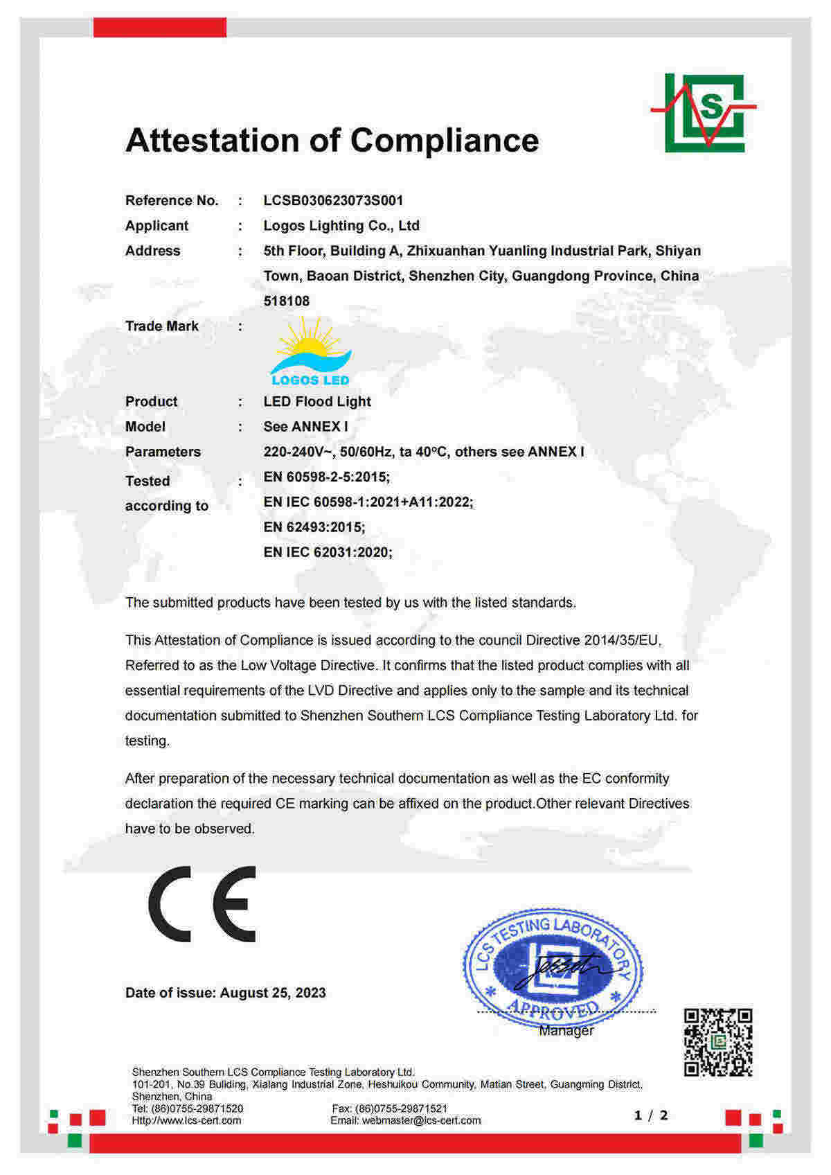 LogosLED CE-LVD Cert for LED Flood Light