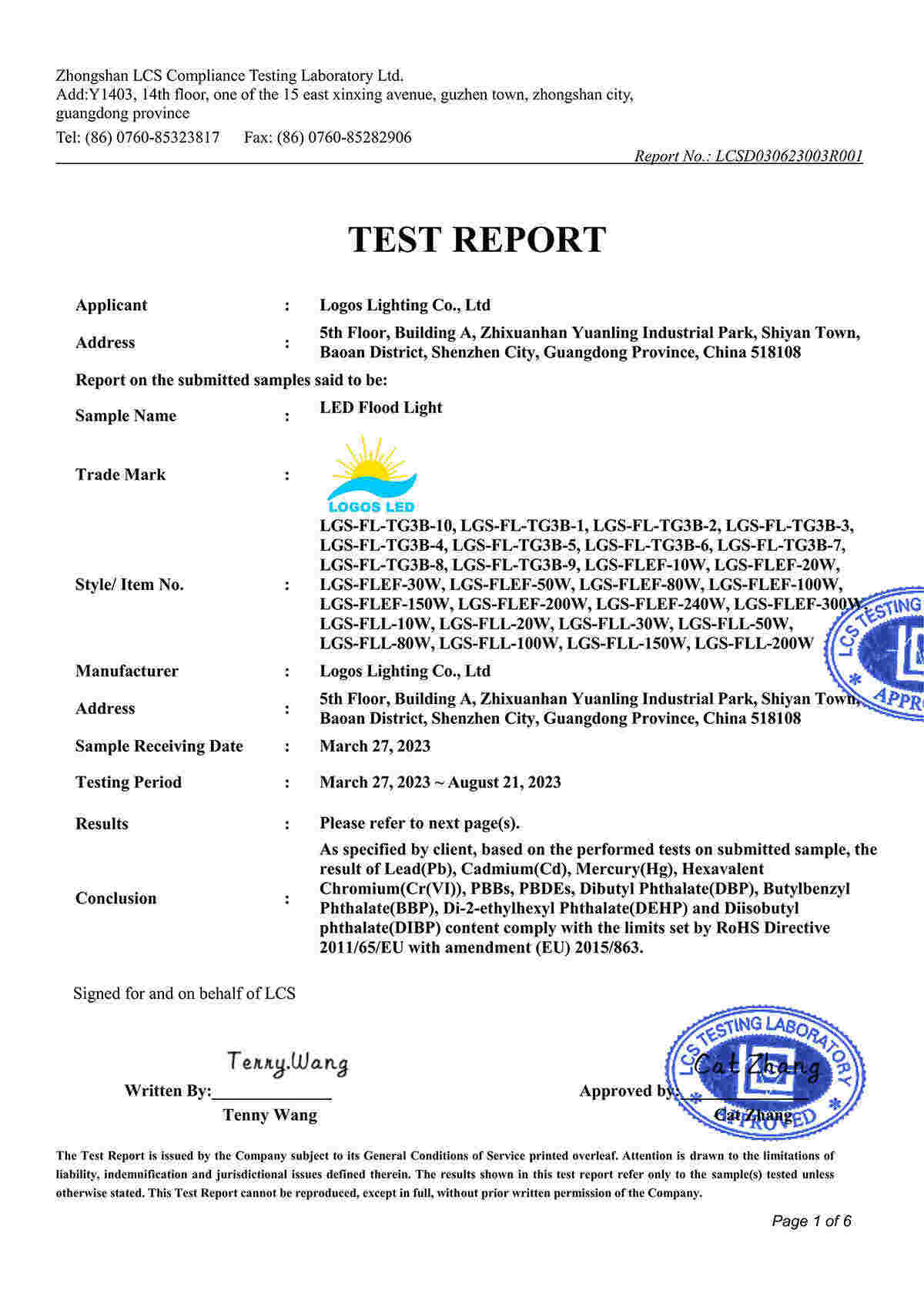 LogosLED RoHS Report for LED Flood Light