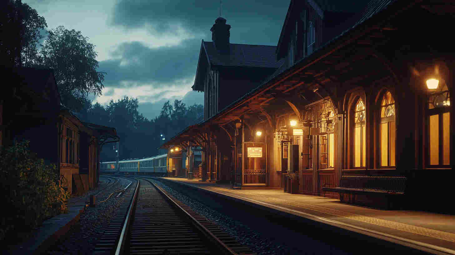 An_old_railway_station_at_dusk_transformed_by_amber led lights