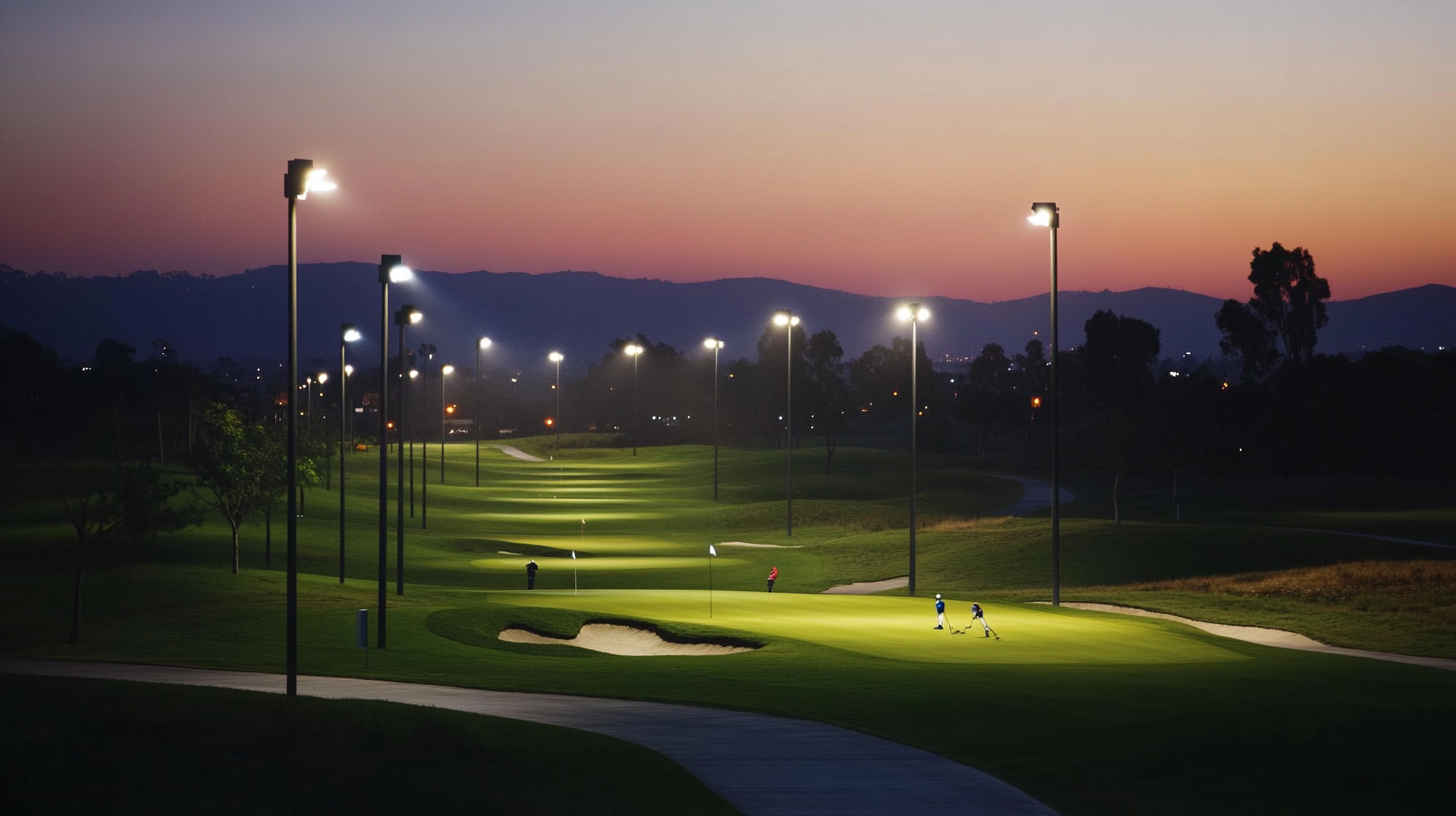 Close-up_of_modern_LED_floodlights_mounted_on_tall_of golf course