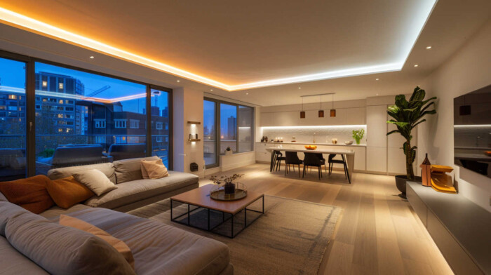 modern living room featuring bespoke lighting