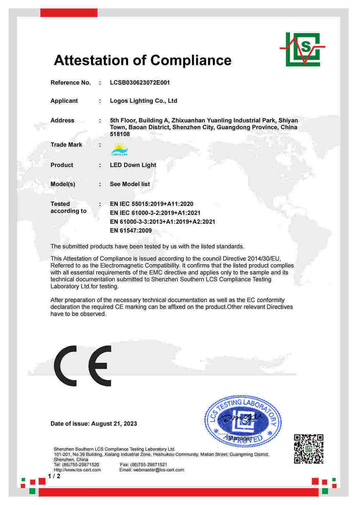 LogosLED CE-EMC Cert for LED Down Light