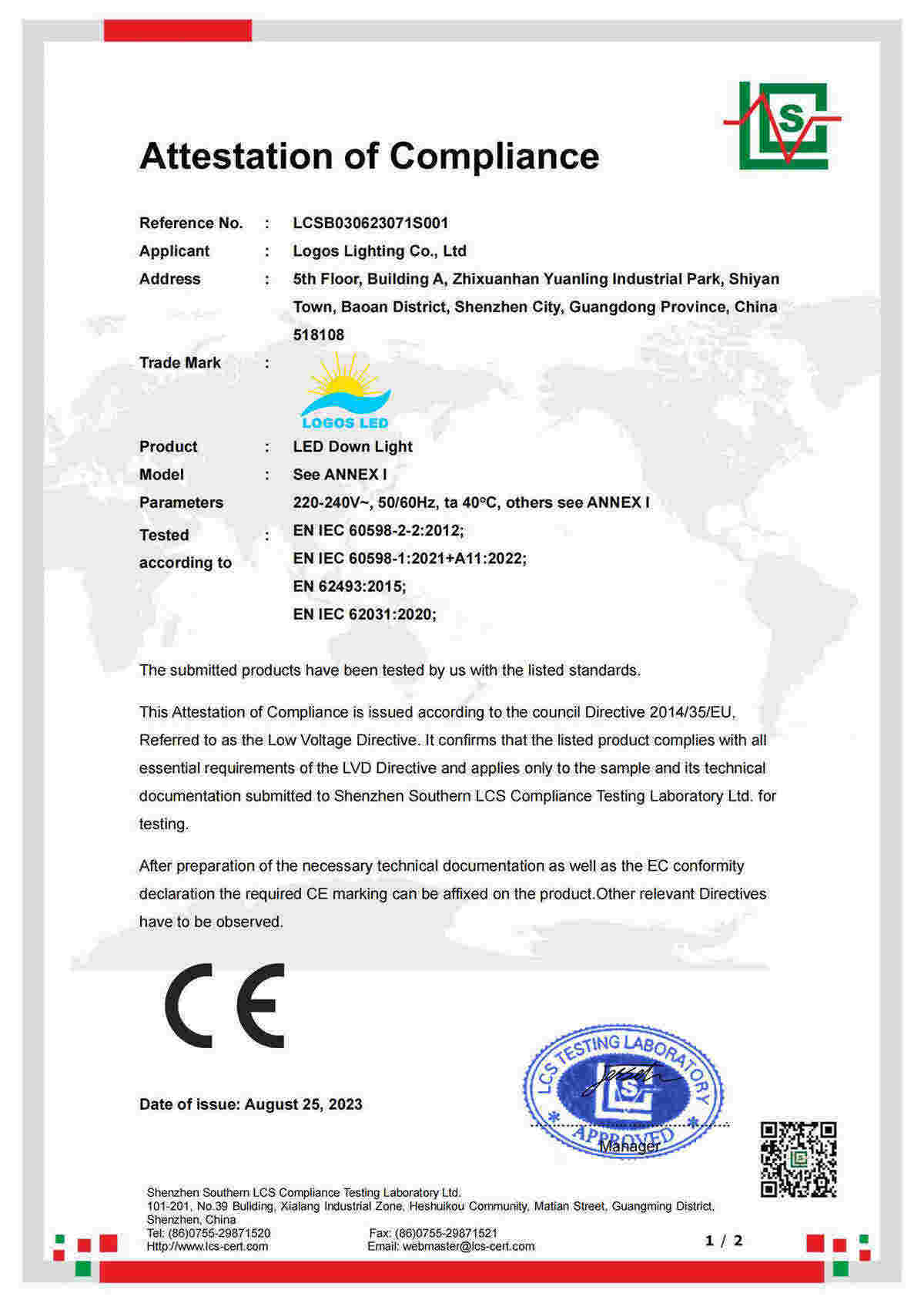 LogosLED CE-LVD Cert for LED Down Light