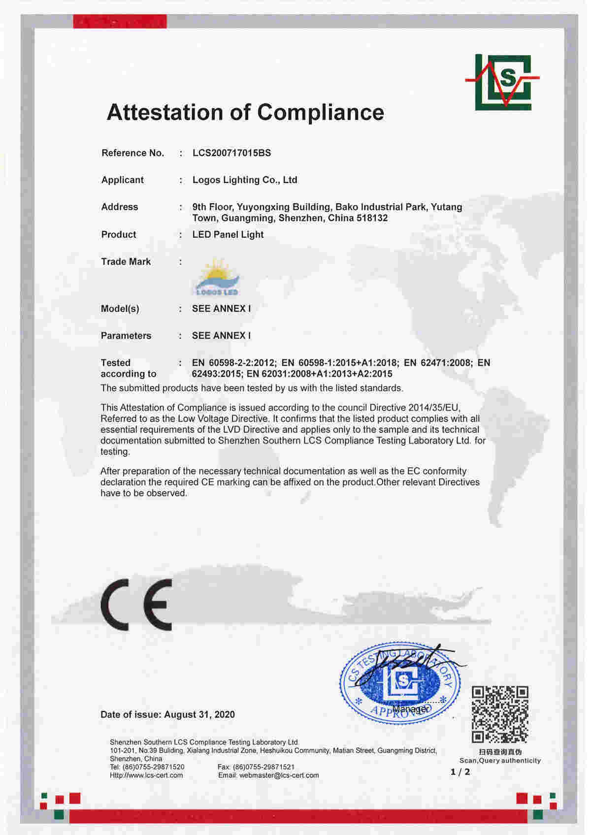 LogosLED CE-LVD Cert for LED Panel Light