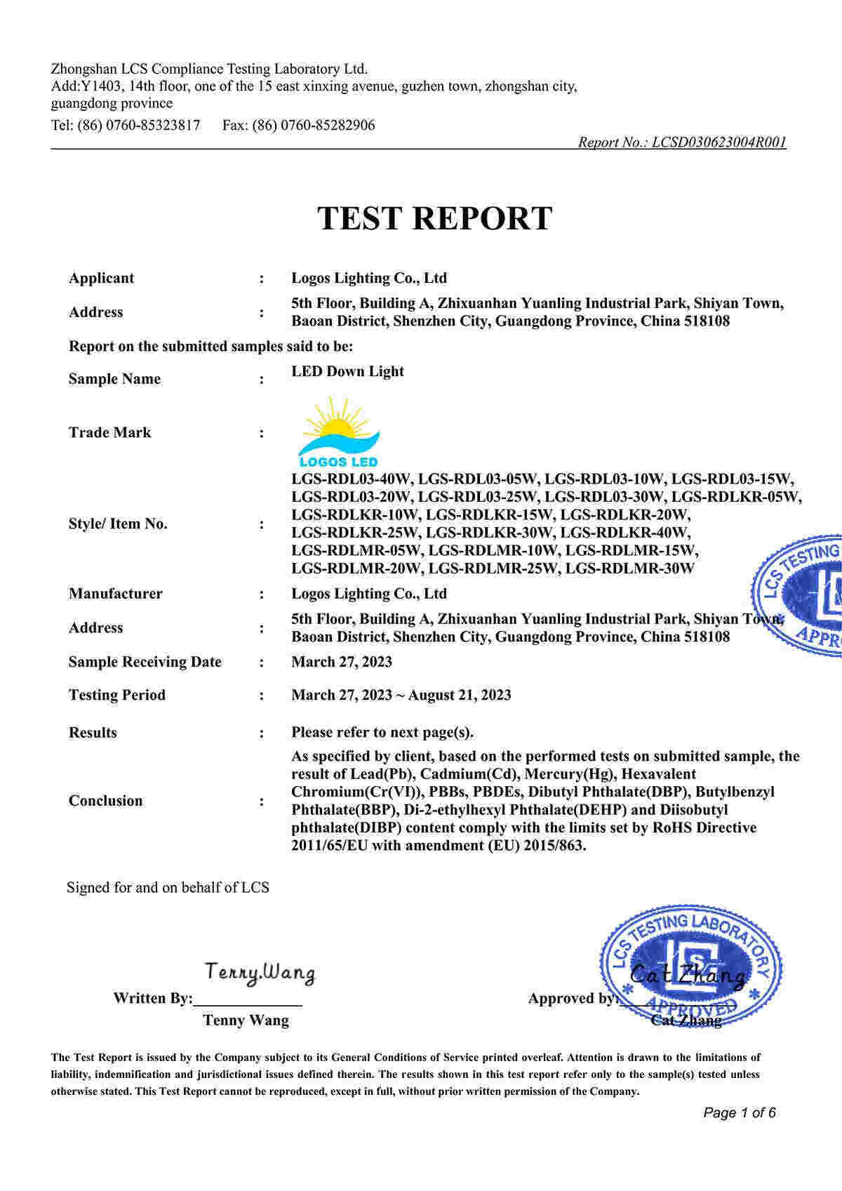 LogosLED RoHS Report for LED Down Light