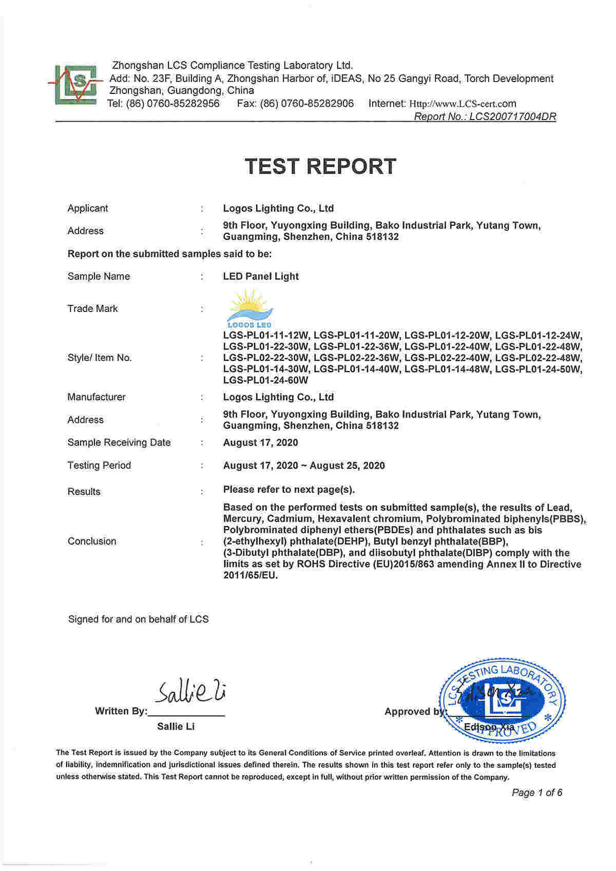 LogosLED RoHS Report for LED Panel Light