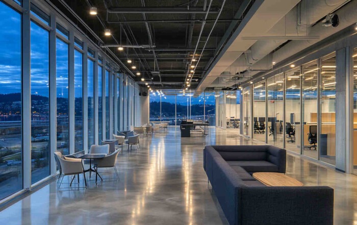 A_spacious_modern_commercial_space_illuminated_by_Dimming LED Down Lights