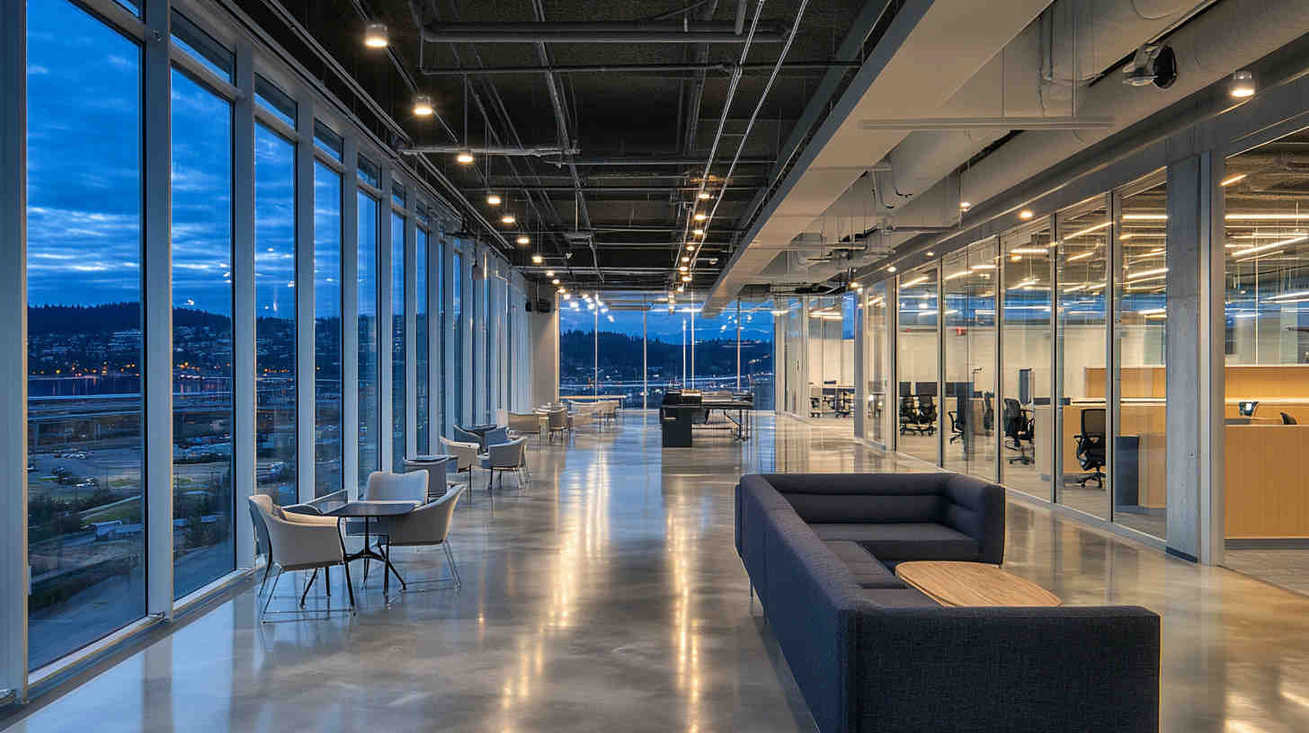 A_spacious_modern_commercial_space_illuminated_by_Dimming LED Down Lights