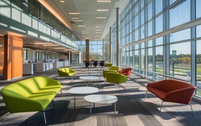 A_modern_office_space_with_large_glass_windows_natural light and artifical lighting